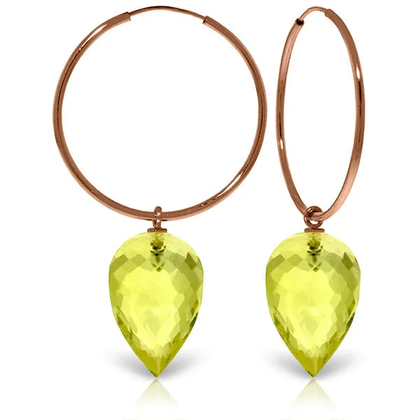 14K Solid Rose Gold Hoop Earrings w/ Pointy Briolette Drop Lemon Quartz