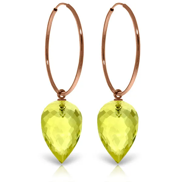 14K Solid Rose Gold Hoop Earrings w/ Pointy Briolette Drop Lemon Quartz
