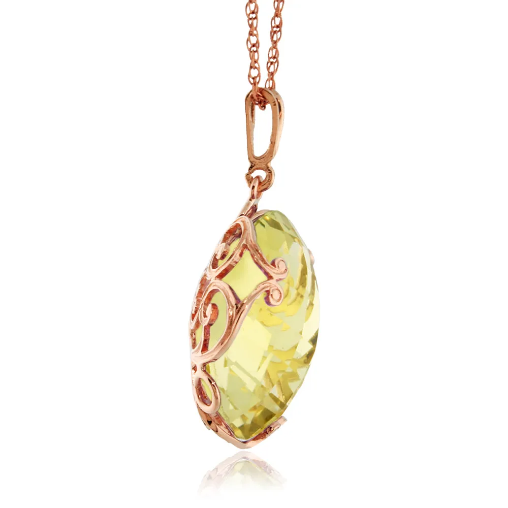 14K Solid Rose Gold Round Lemon Quartz Necklace