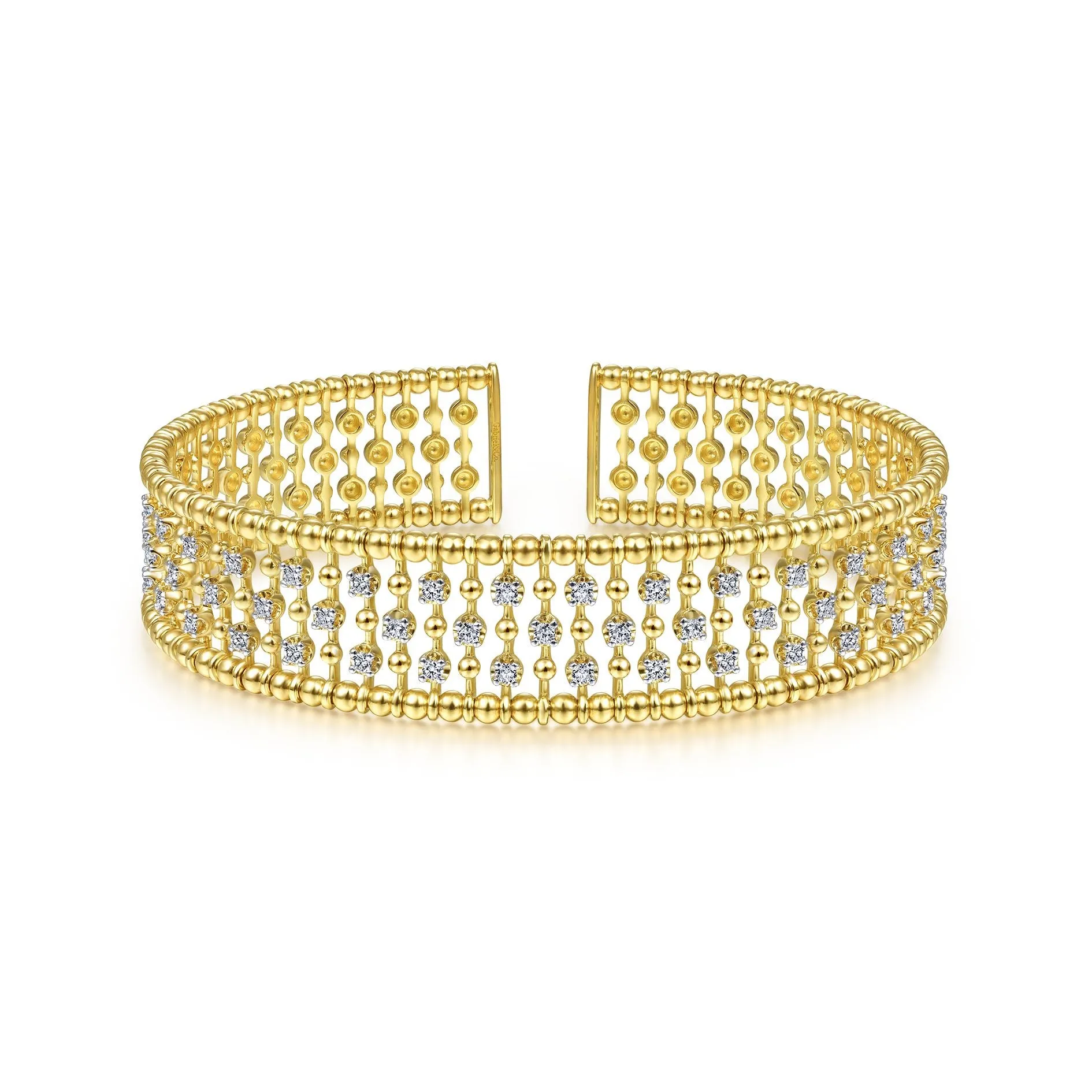 14K Yellow Gold Diamond Beaded Open Bangle