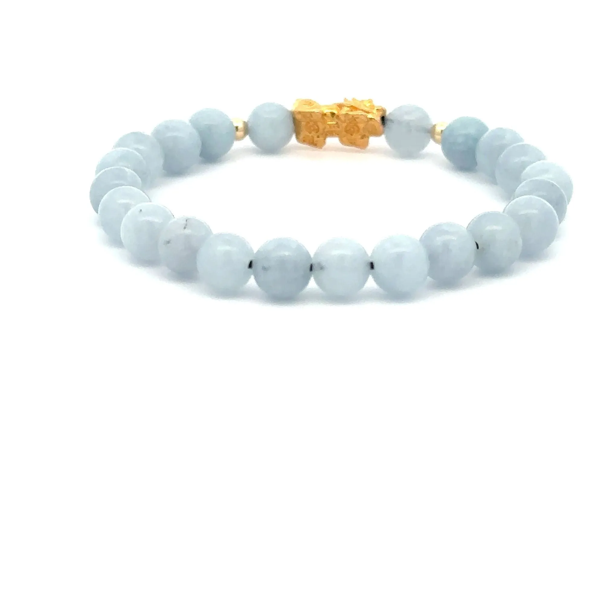 18K Gold Dragon Pixiu Piyao Lucky Charm Beads Bracelet Gemstones Aquamarine 6mm
