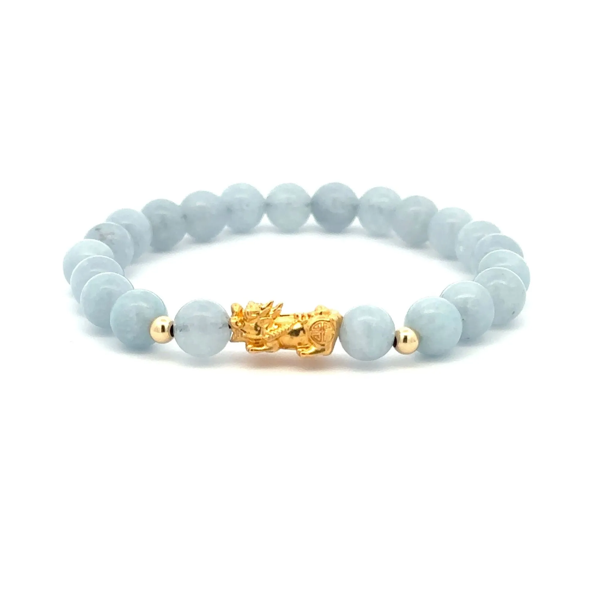 18K Gold Dragon Pixiu Piyao Lucky Charm Beads Bracelet Gemstones Aquamarine 6mm
