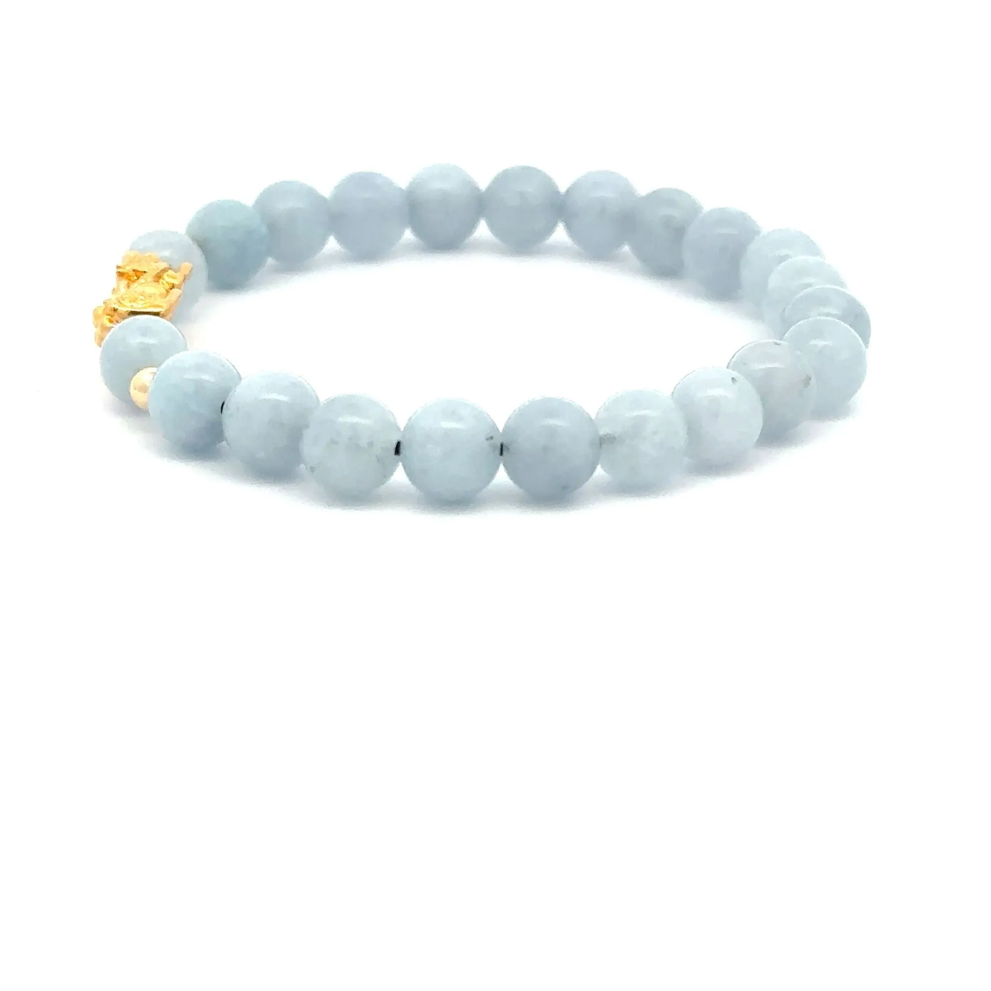 18K Gold Dragon Pixiu Piyao Lucky Charm Beads Bracelet Gemstones Aquamarine 6mm