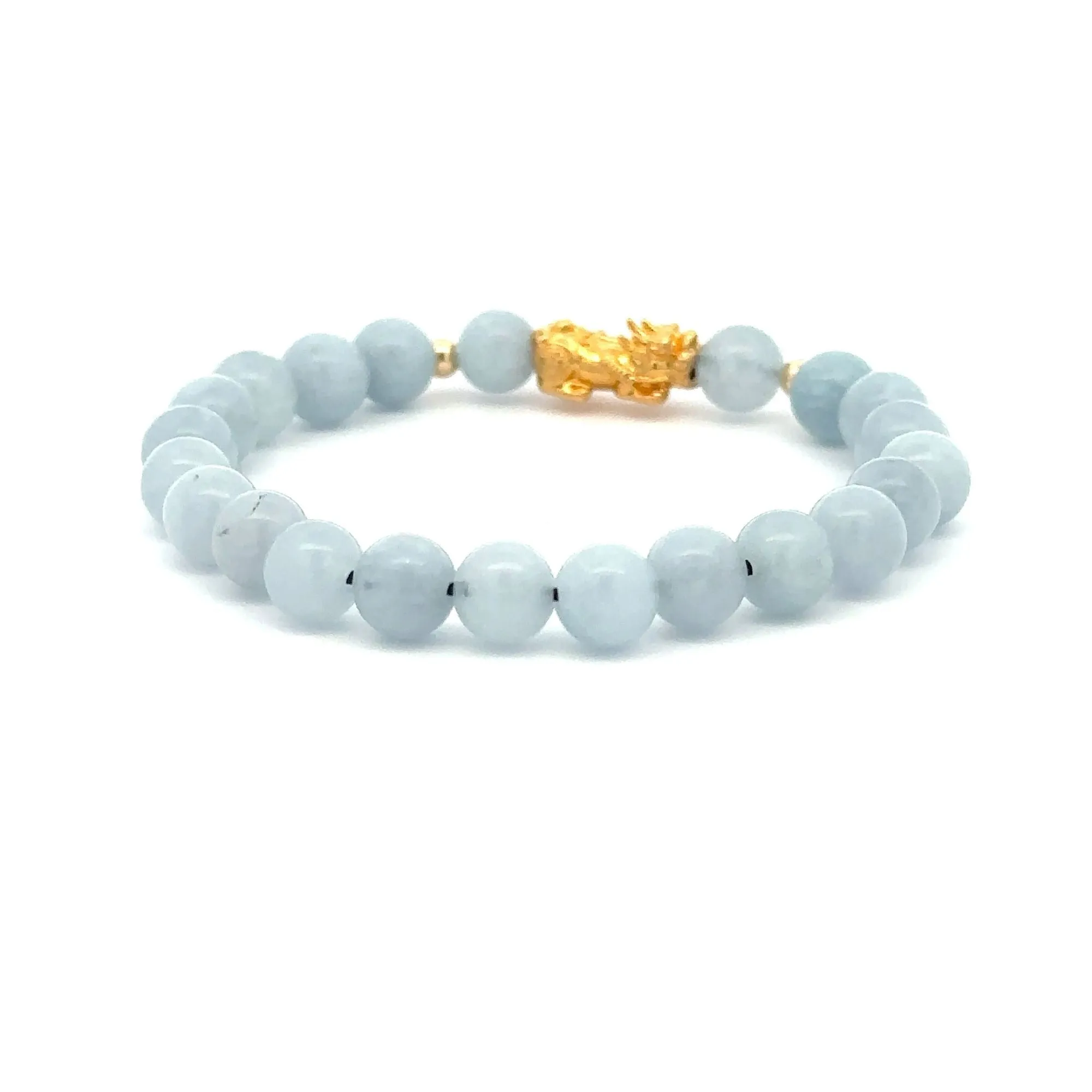 18K Gold Dragon Pixiu Piyao Lucky Charm Beads Bracelet Gemstones Aquamarine 6mm