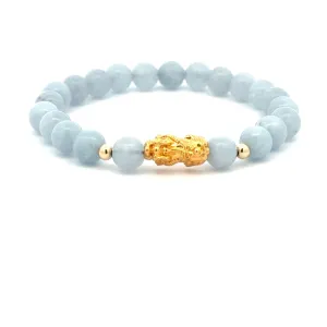 18K Gold Dragon Pixiu Piyao Lucky Charm Beads Bracelet Gemstones Aquamarine 6mm