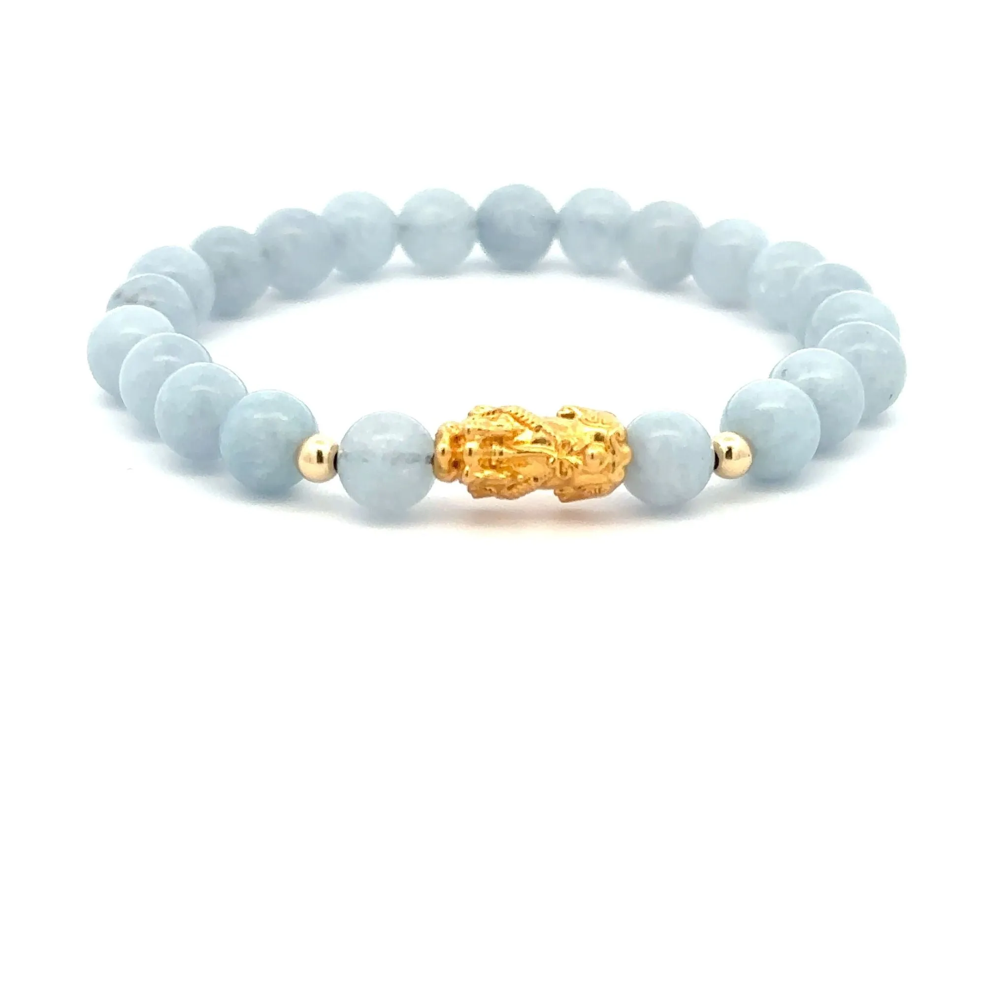 18K Gold Dragon Pixiu Piyao Lucky Charm Beads Bracelet Gemstones Aquamarine 6mm