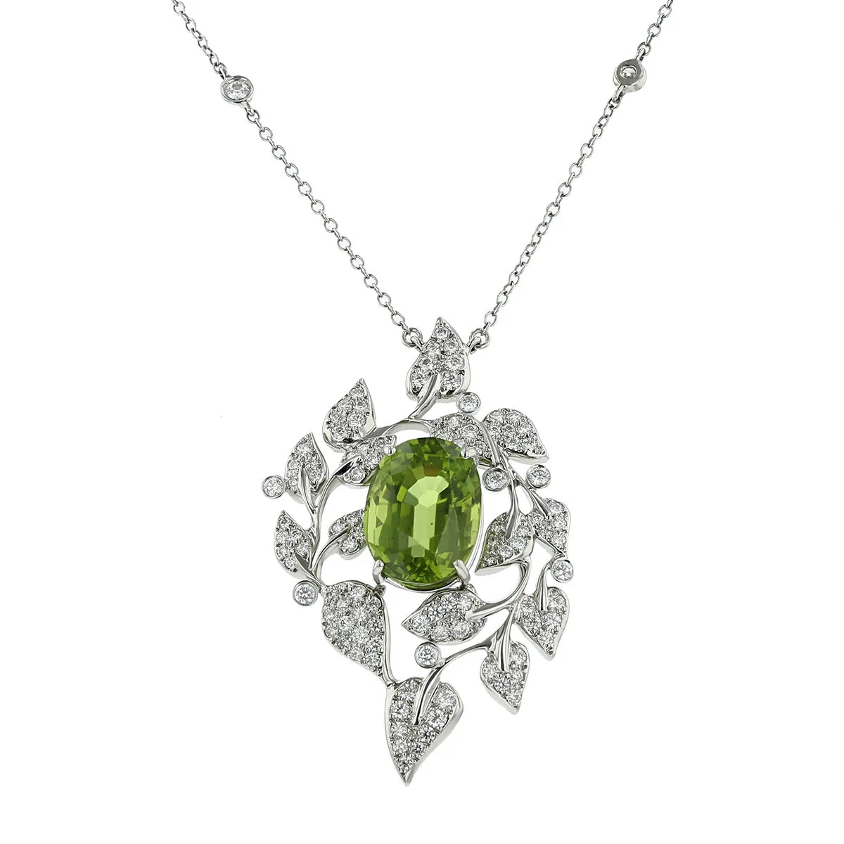 18K White Gold Peridot and Diamond Pendant Necklace