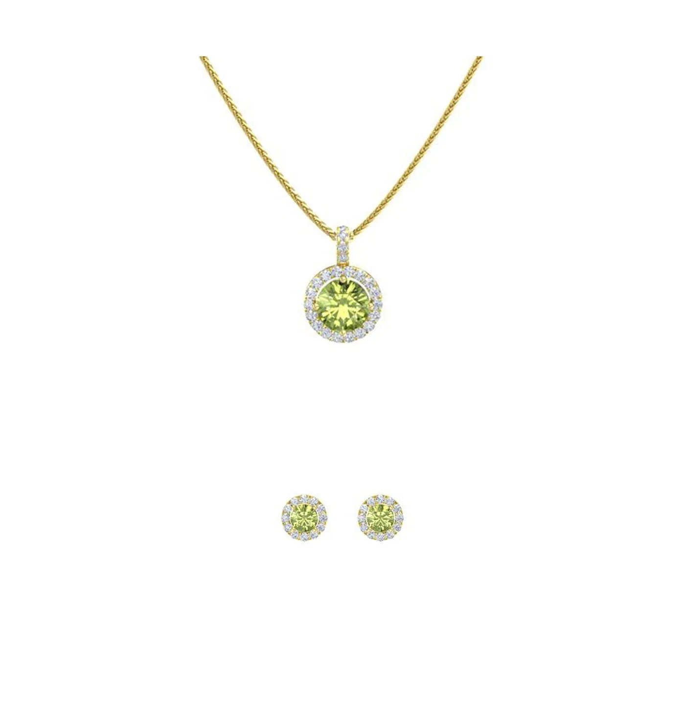 18K Yellow Gold 1ct Halo Peridot Round 18 Inch Necklace and Halo Earrings Set Plated