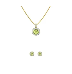 18K Yellow Gold 3ct Halo Peridot Round 18 Inch Necklace and Halo Earrings Set Plated