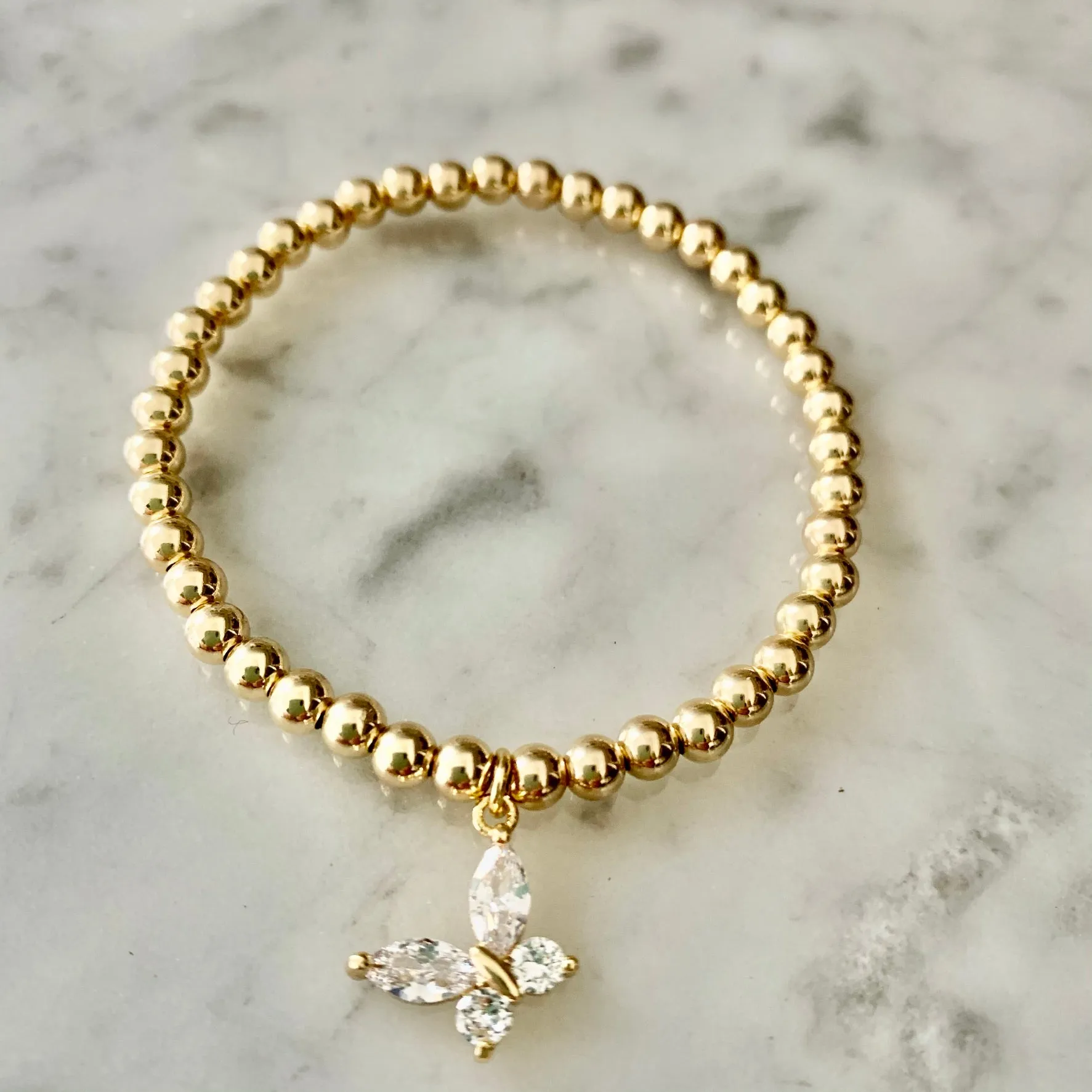 4mm YGF Beaded Stretch Bracelet with Crystal Butterfly Charm
