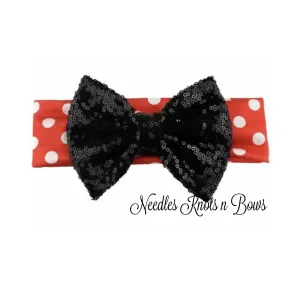 5' Black Sequin Bow Red Turban Polka Dot Headband