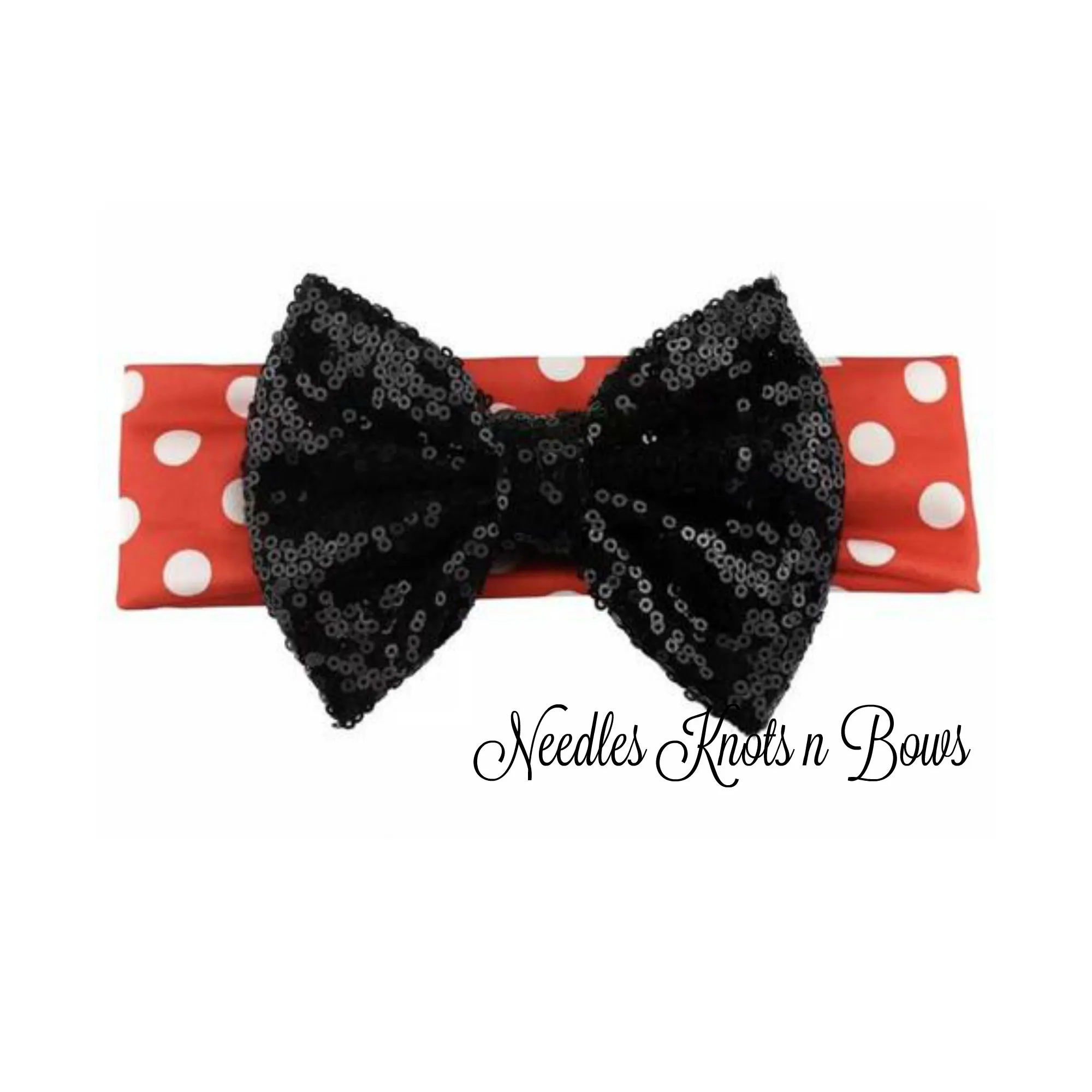 5' Black Sequin Bow Red Turban Polka Dot Headband