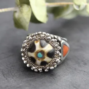 Agate Dzi and Coral Statement Ring
