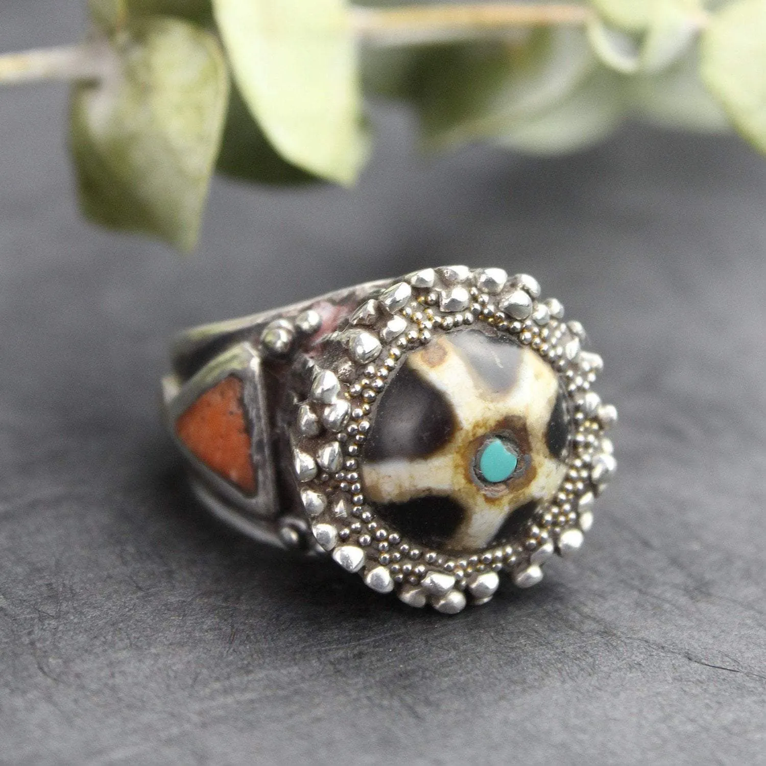 Agate Dzi and Coral Statement Ring