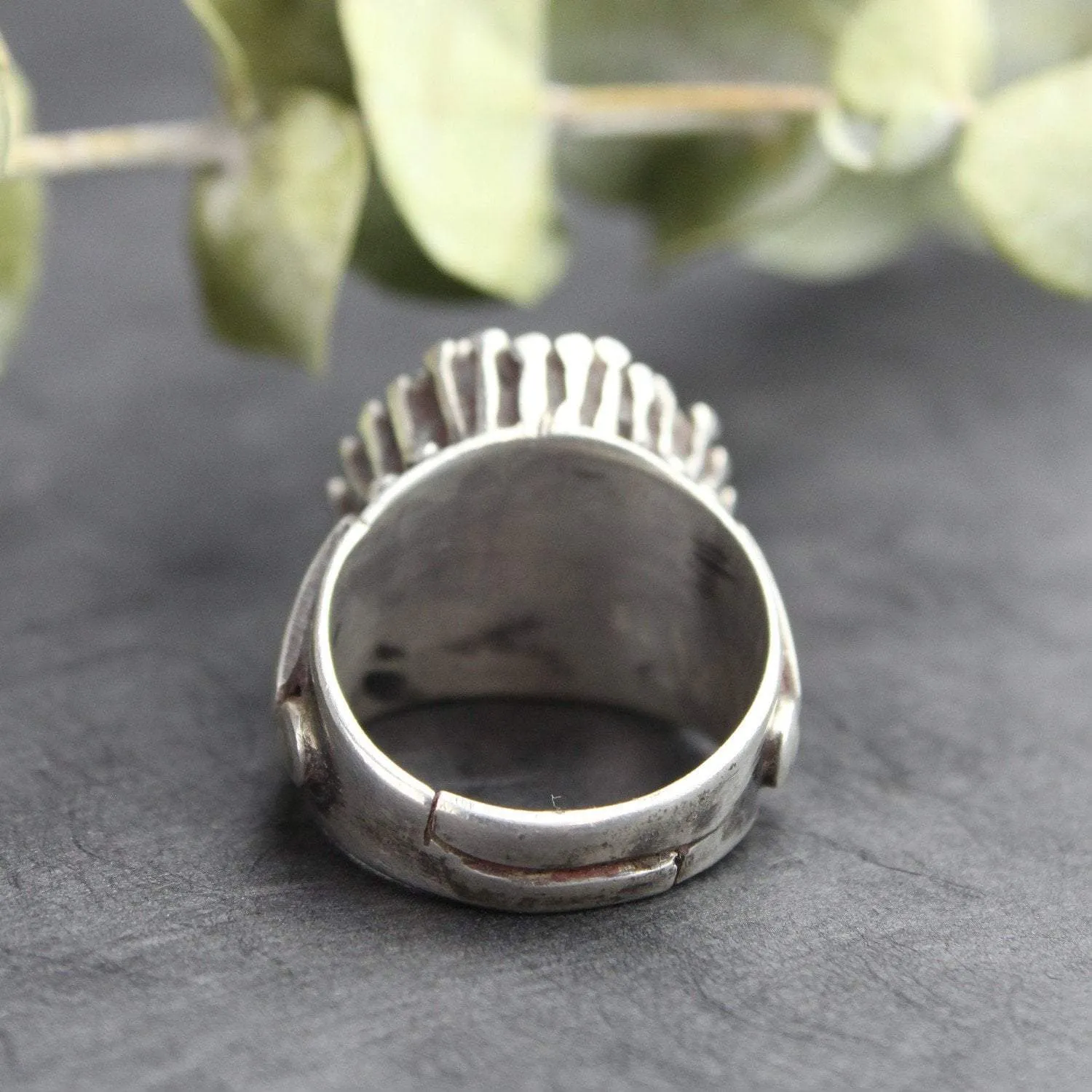 Agate Dzi and Coral Statement Ring