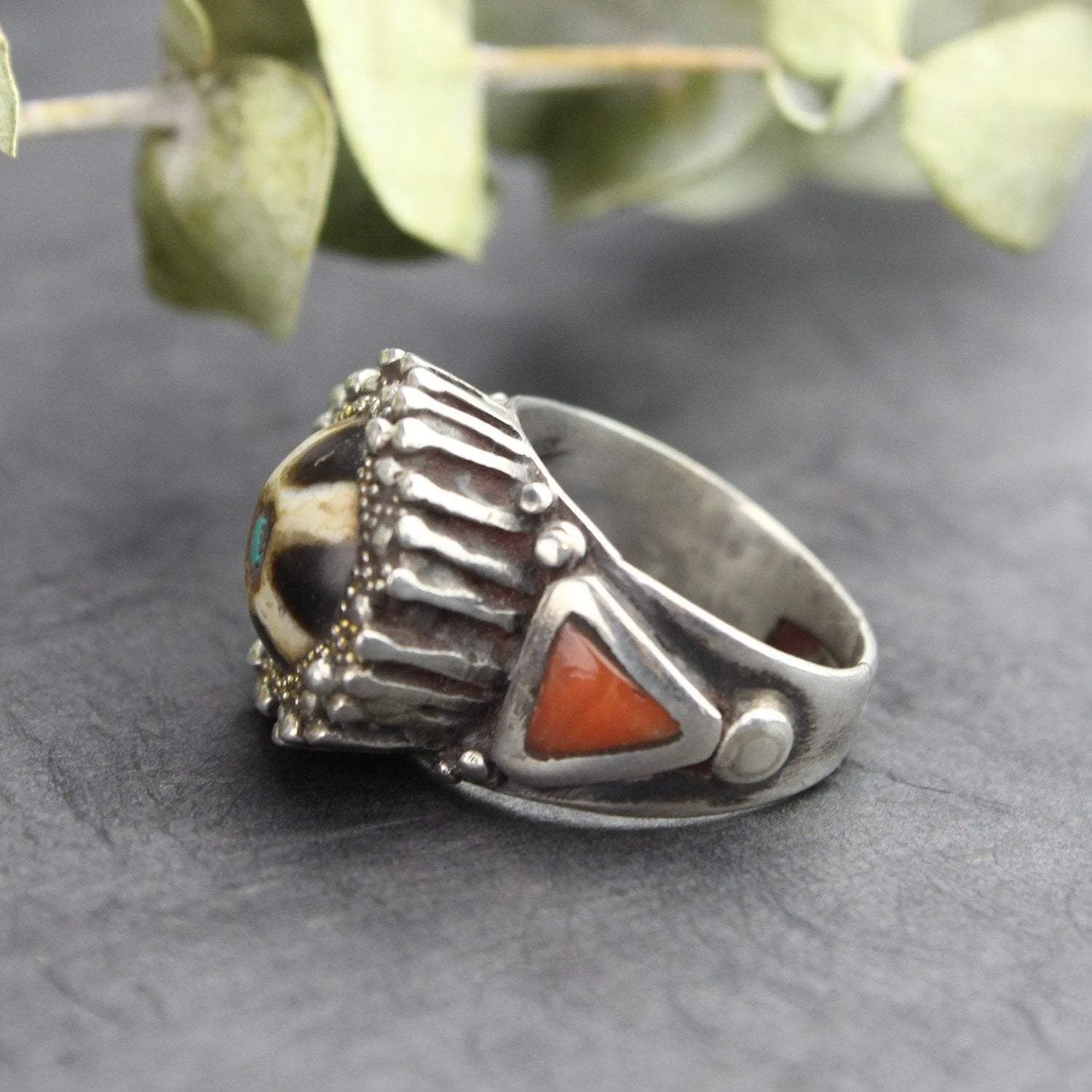 Agate Dzi and Coral Statement Ring
