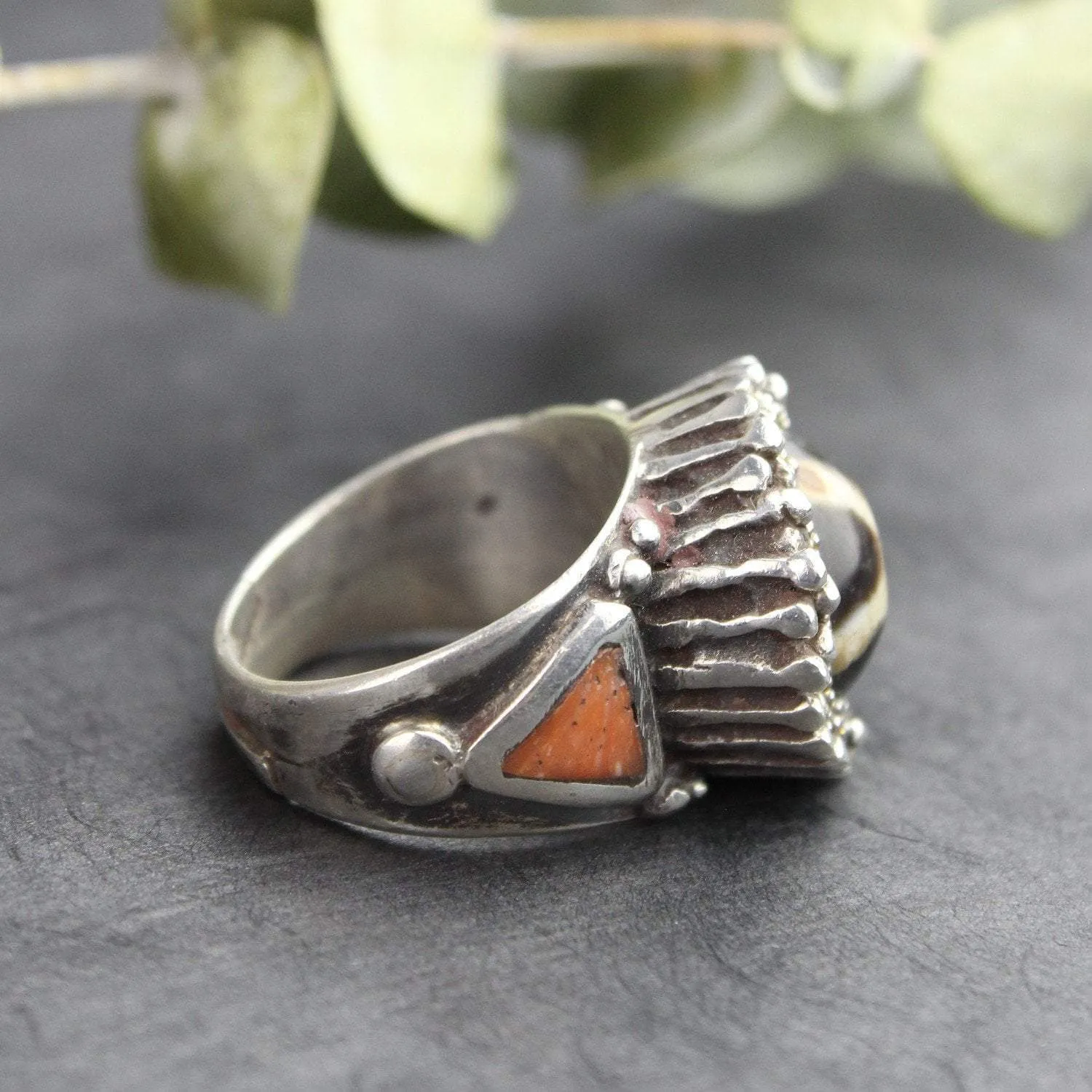 Agate Dzi and Coral Statement Ring