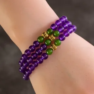 Amethyst 6mm Beads with Aventurine and Gold Color Accent Beads Gemstone Triple Wrap Elastic Bracelet
