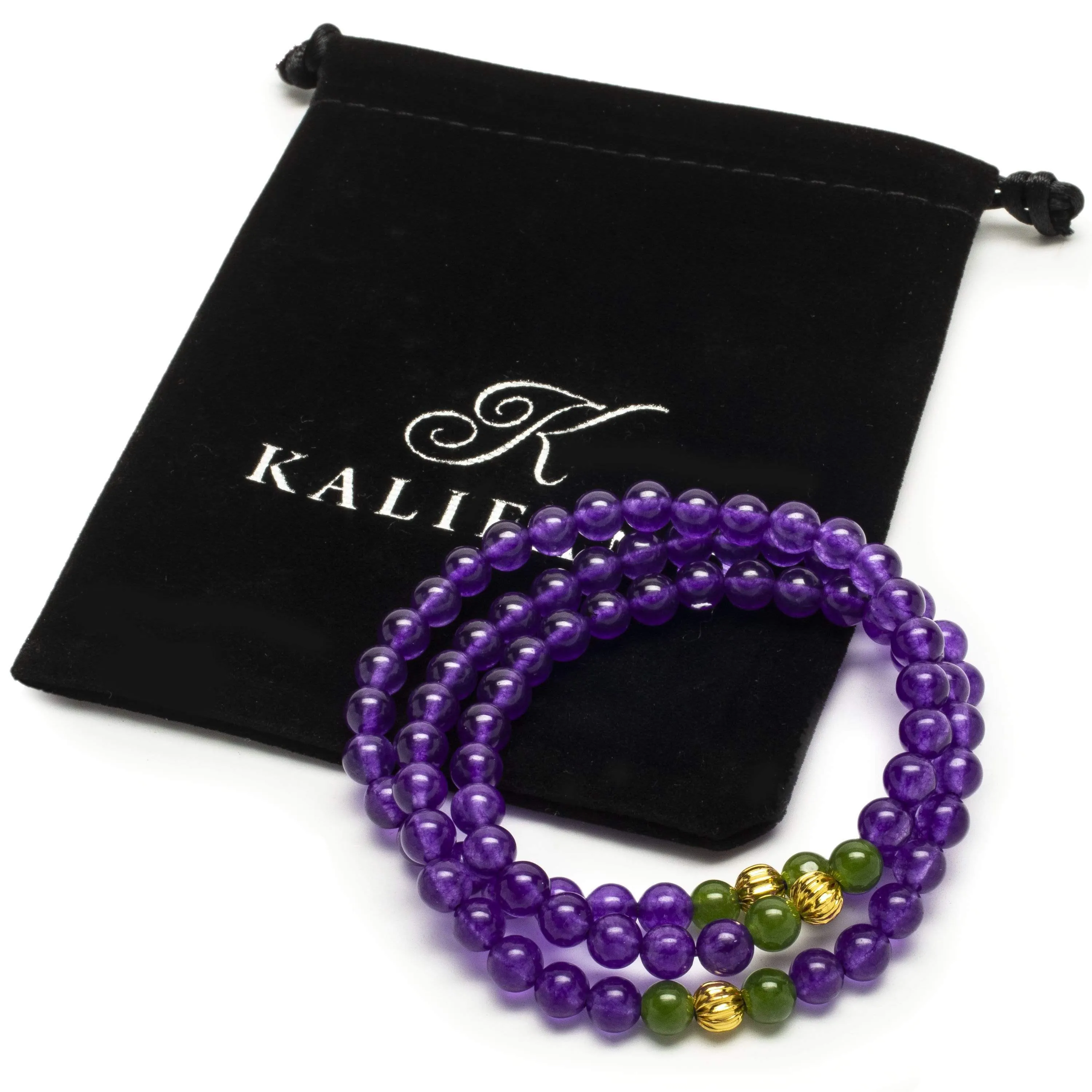 Amethyst 6mm Beads with Aventurine and Gold Color Accent Beads Gemstone Triple Wrap Elastic Bracelet