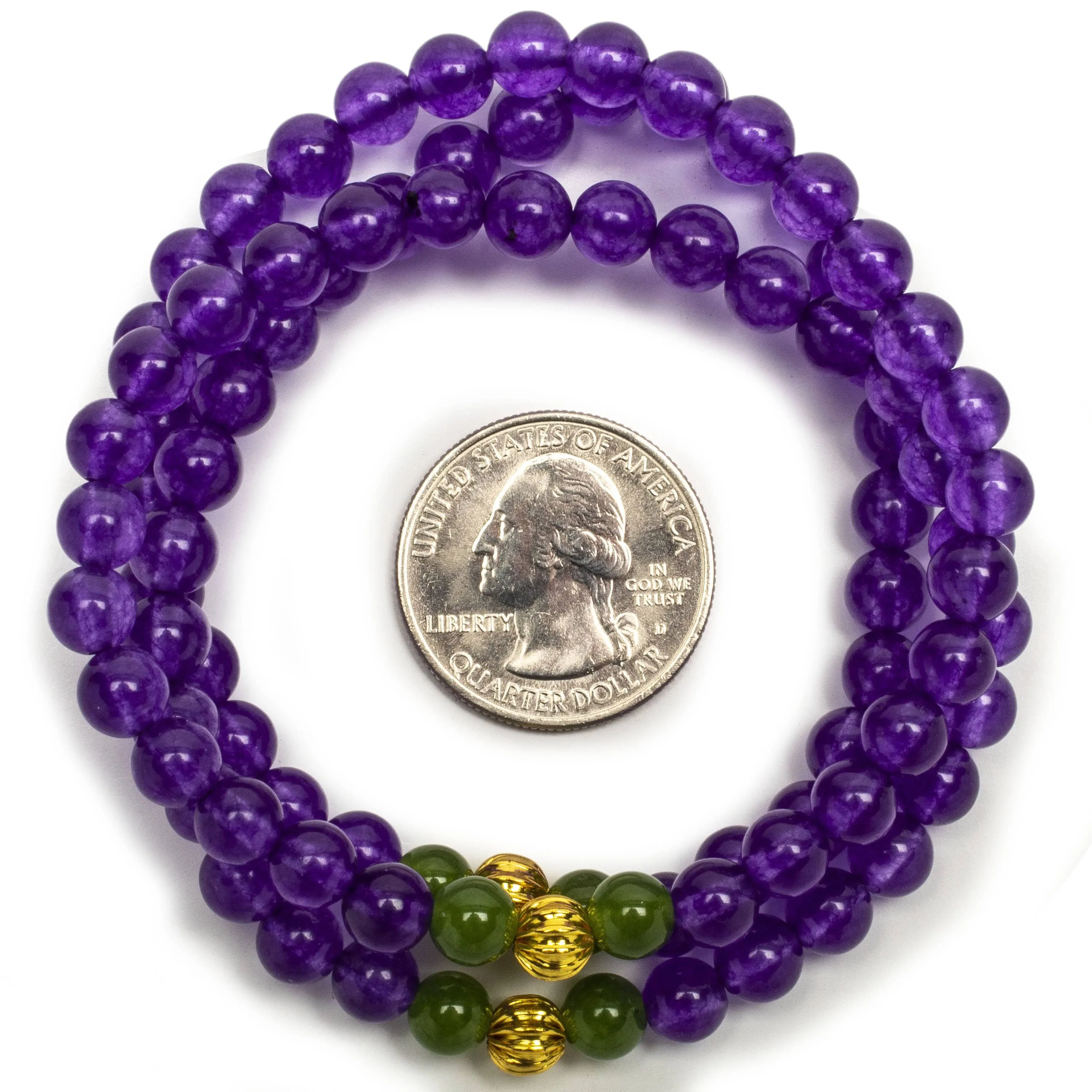 Amethyst 6mm Beads with Aventurine and Gold Color Accent Beads Gemstone Triple Wrap Elastic Bracelet