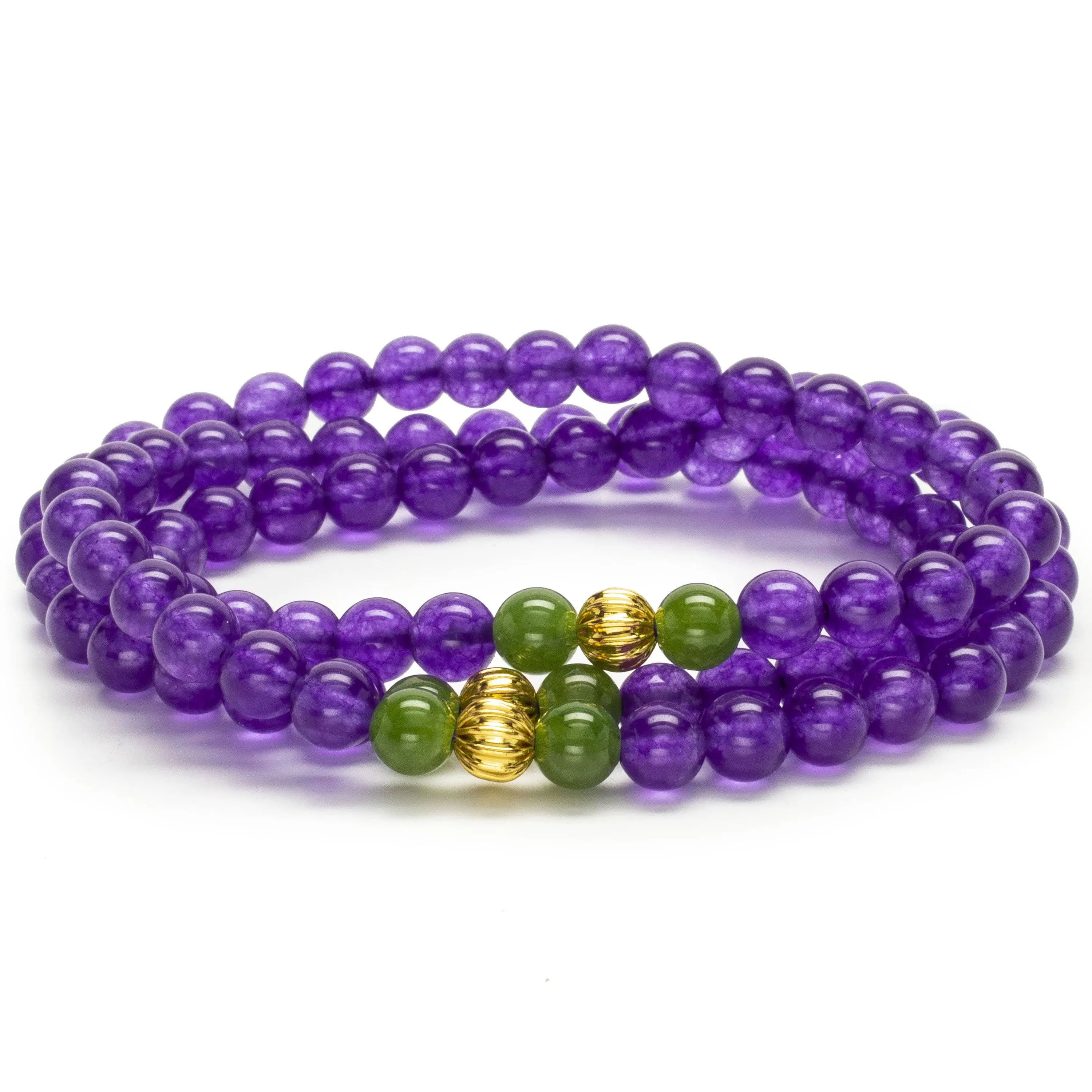Amethyst 6mm Beads with Aventurine and Gold Color Accent Beads Gemstone Triple Wrap Elastic Bracelet
