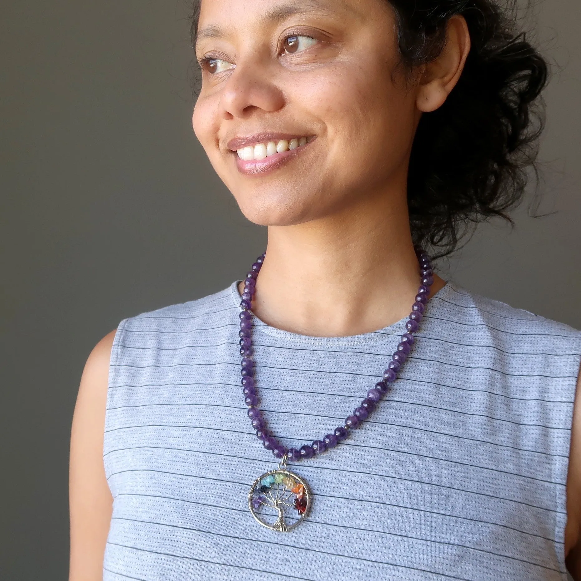 Amethyst Necklace Chakra Tree of Life Rainbow Stones
