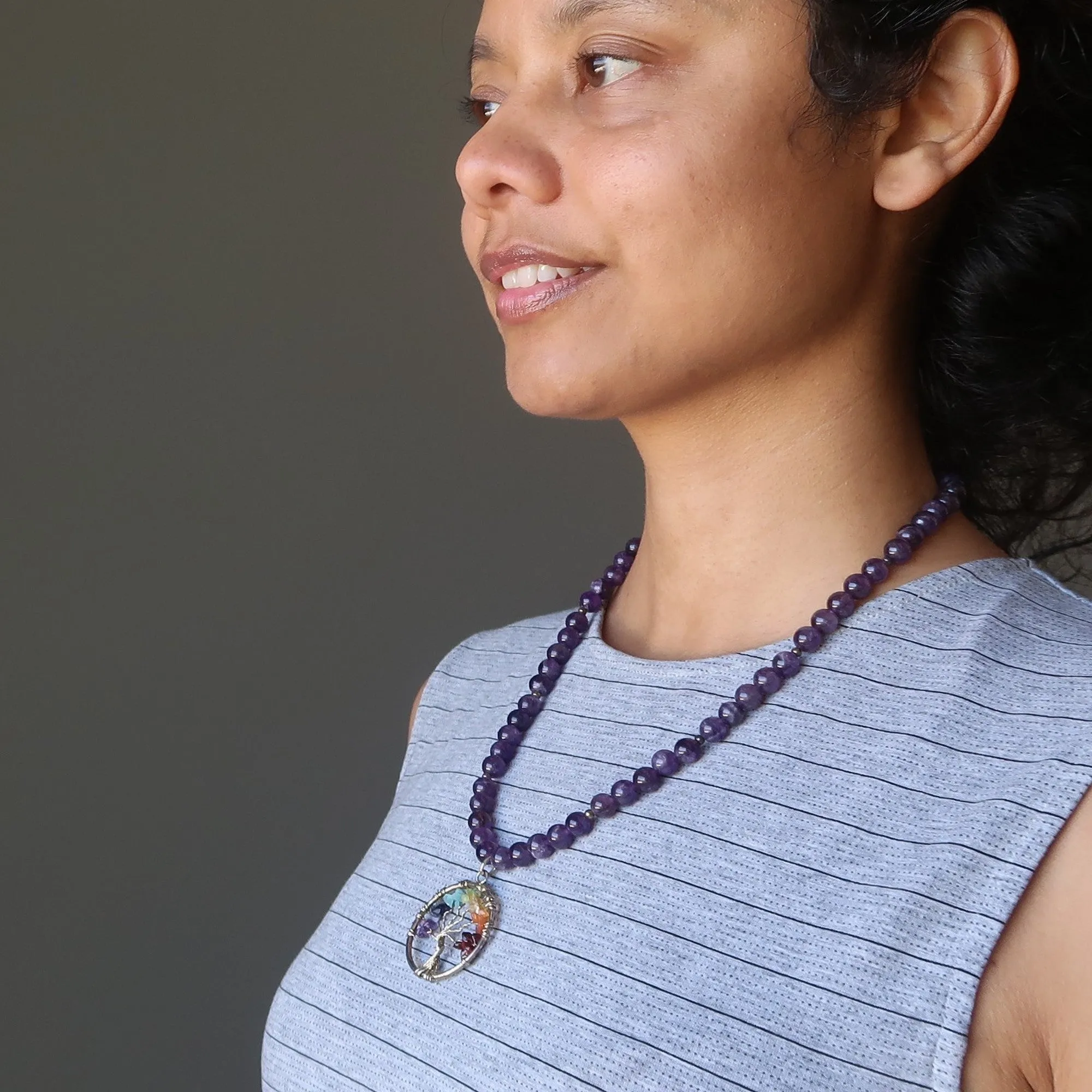 Amethyst Necklace Chakra Tree of Life Rainbow Stones