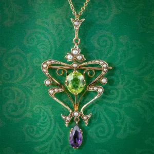 Antique Art Nouveau Suffragette Pendant Necklace 9ct Gold Amethyst Peridot Pearl Circa 1910
