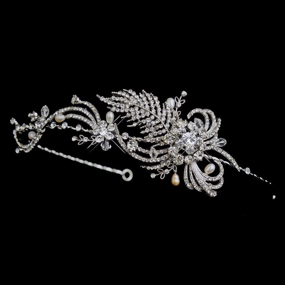 Antique Silver Crystal Swirl & Pearl Bridal Headpiece