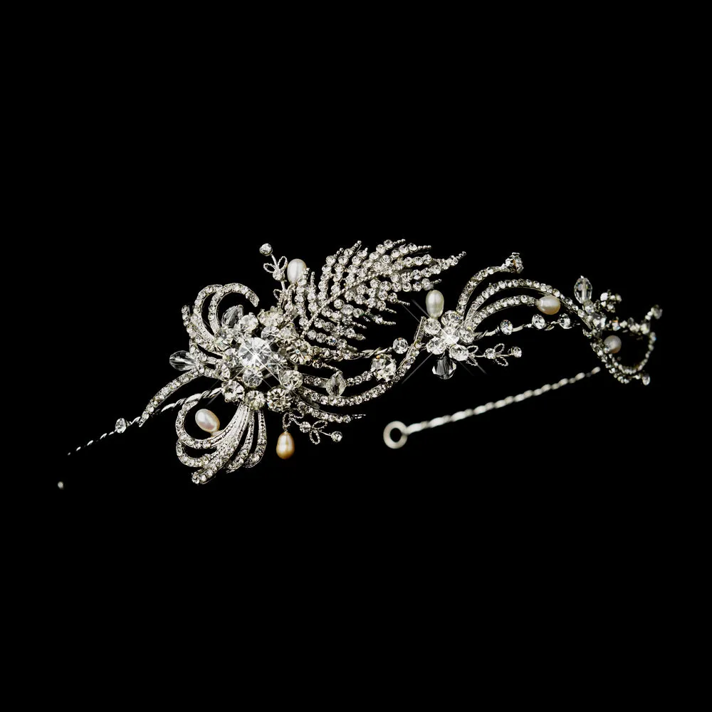 Antique Silver Crystal Swirl & Pearl Bridal Headpiece