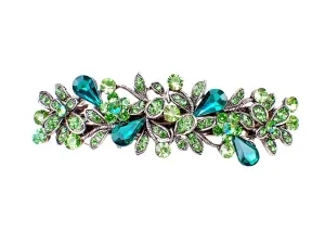 Antique silver metal hair barrette clip with tear drop crystals - Green
