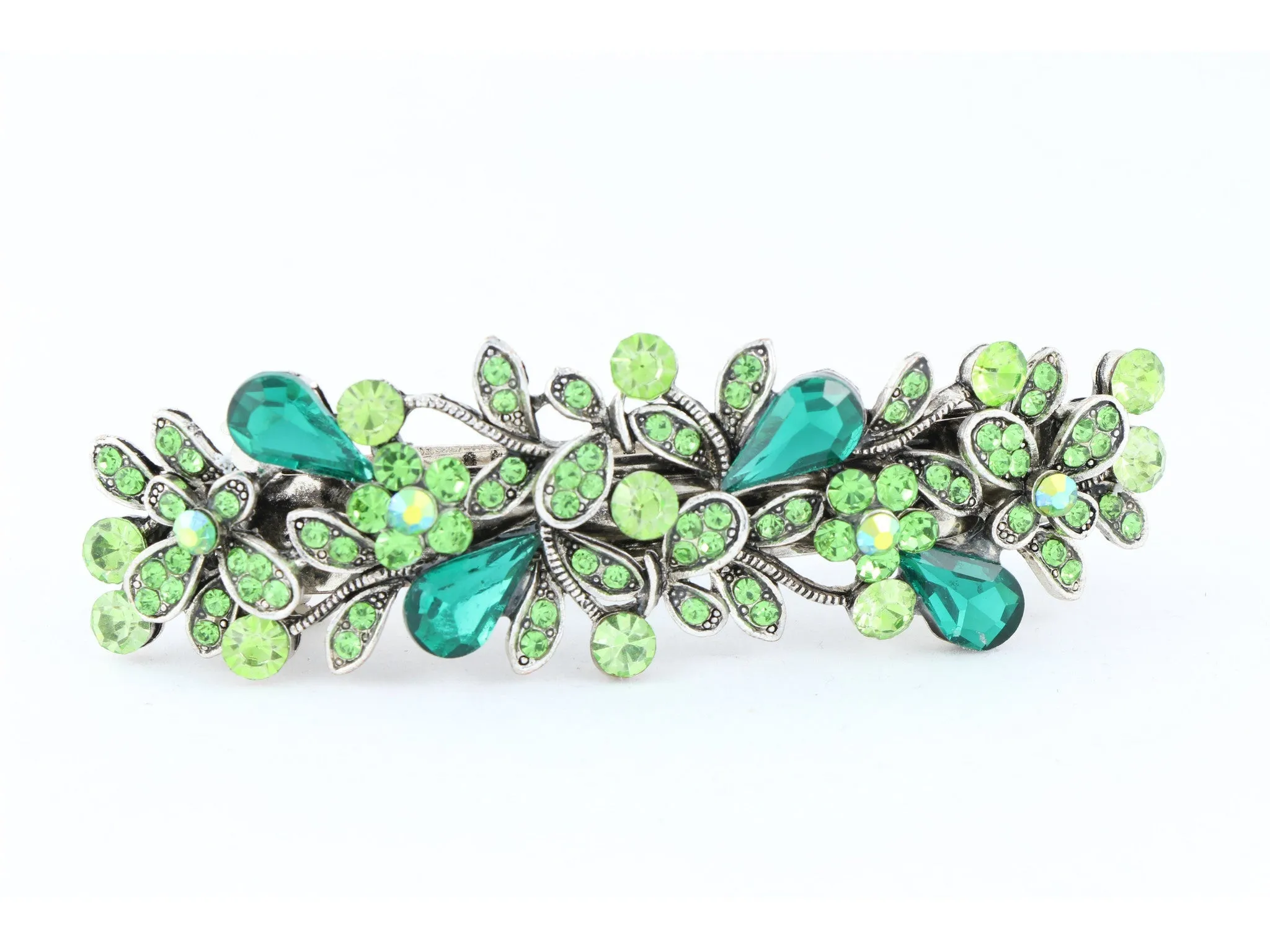 Antique silver metal hair barrette clip with tear drop crystals - Green
