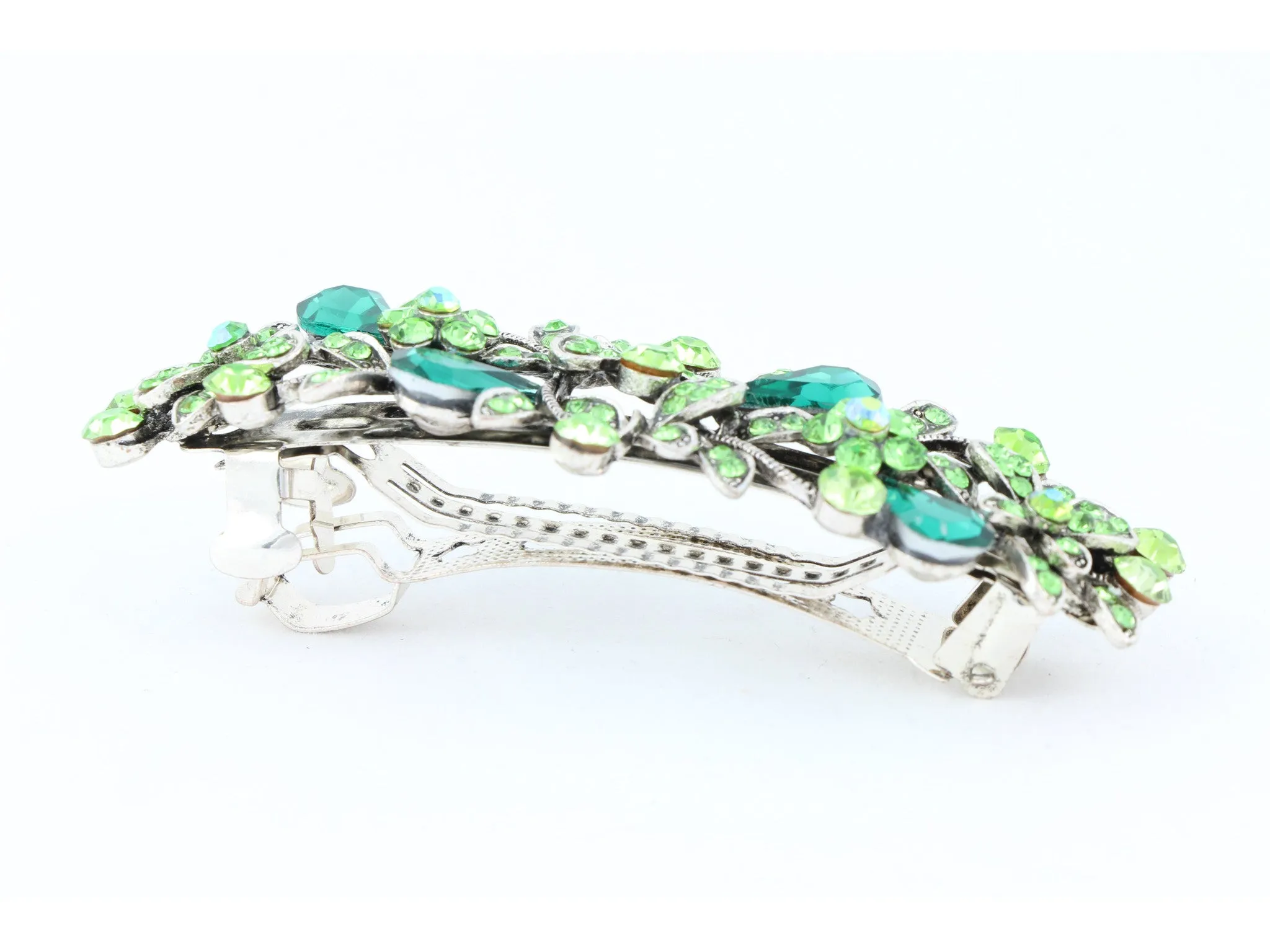 Antique silver metal hair barrette clip with tear drop crystals - Green