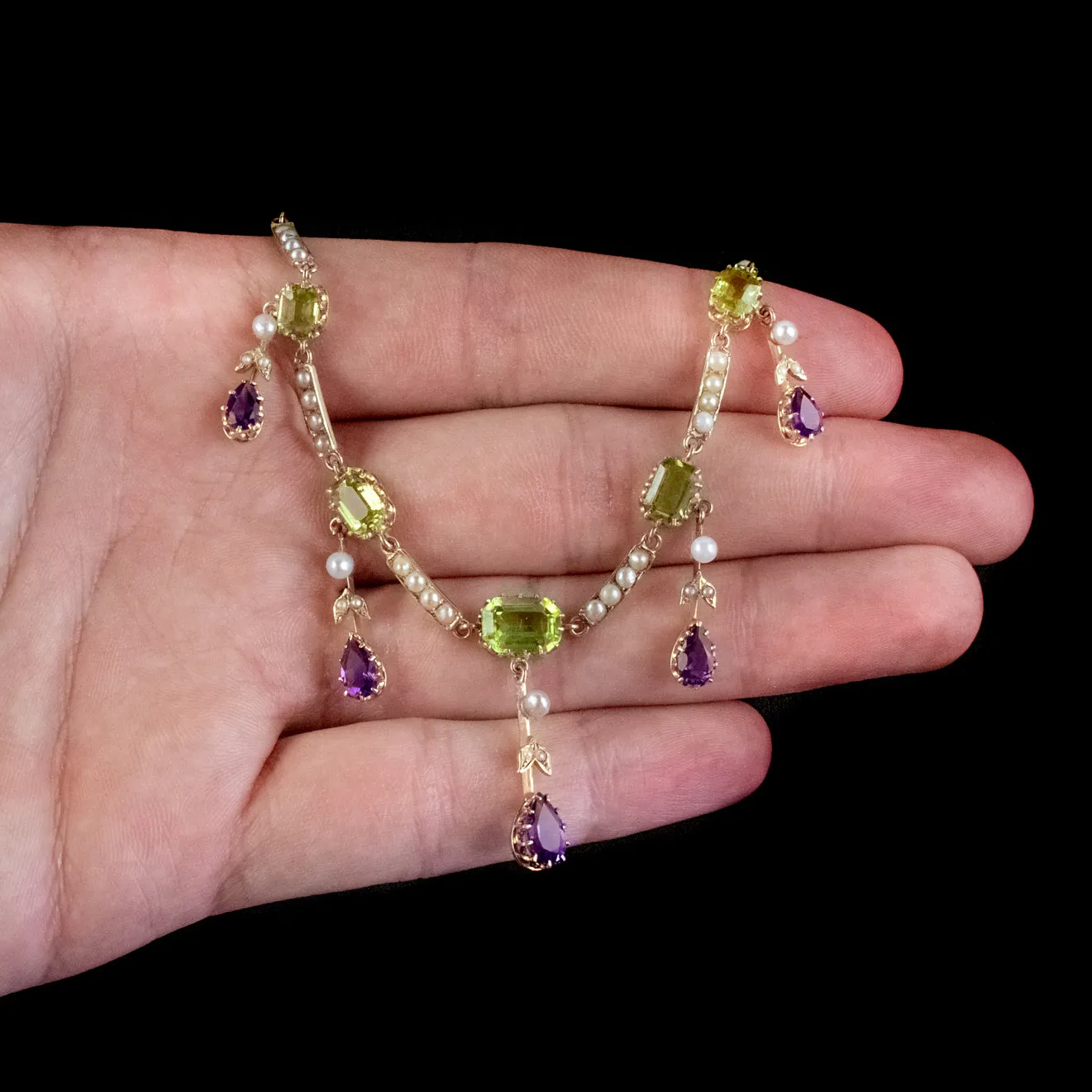 Antique Suffragette Necklace 18Ct Gold Amethyst Peridot Pearl Circa 1910 London And Ryder Boxed