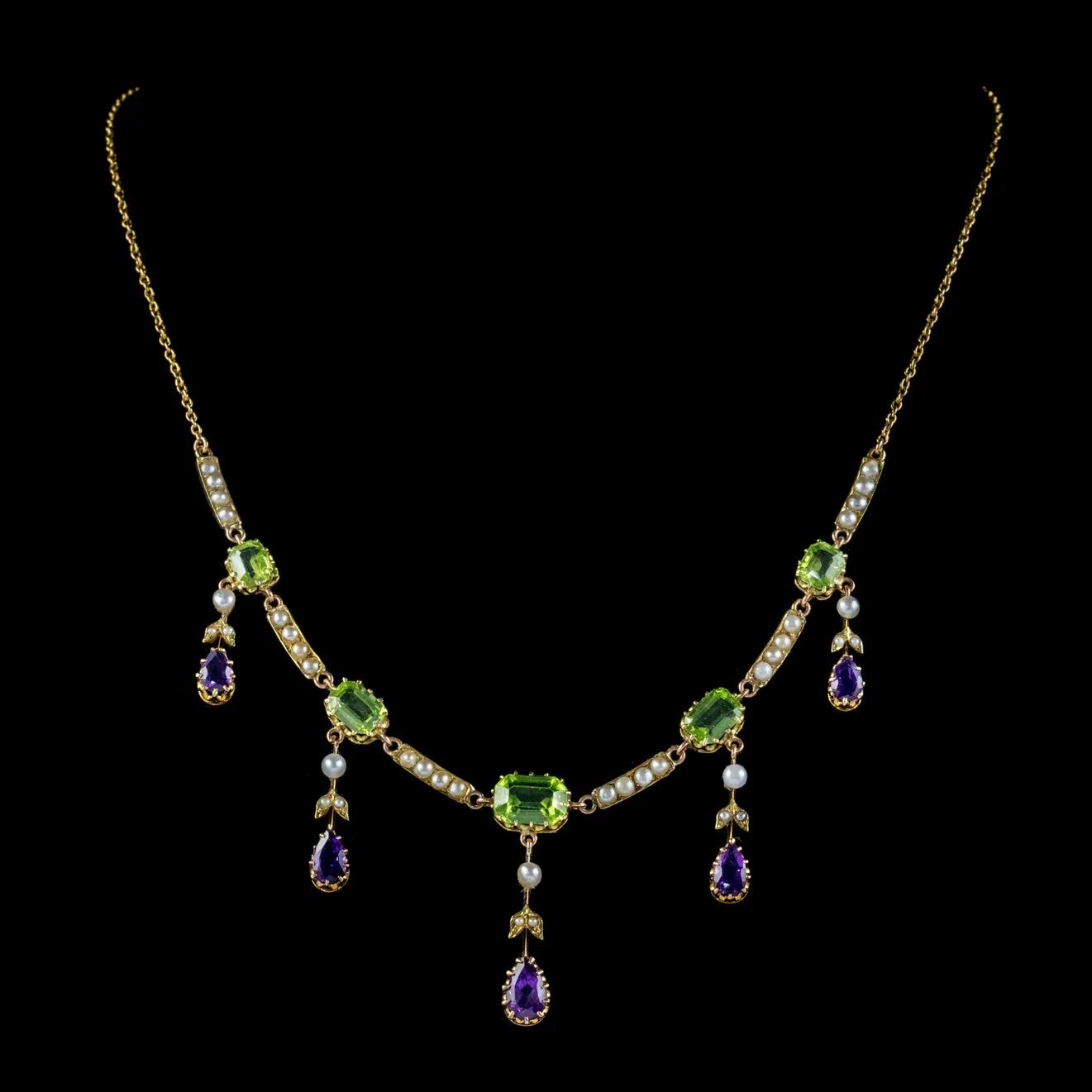 Antique Suffragette Necklace 18Ct Gold Amethyst Peridot Pearl Circa 1910 London And Ryder Boxed