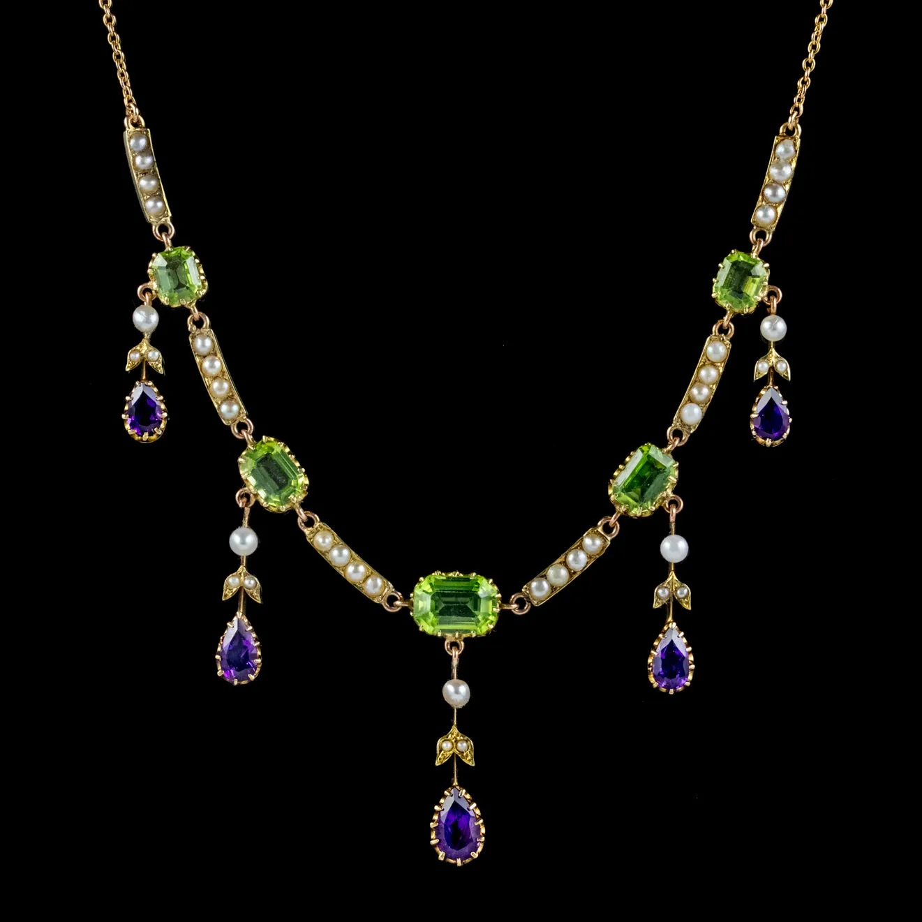 Antique Suffragette Necklace 18Ct Gold Amethyst Peridot Pearl Circa 1910 London And Ryder Boxed