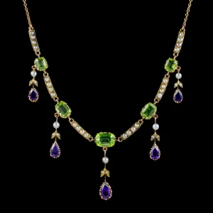 Antique Suffragette Necklace 18Ct Gold Amethyst Peridot Pearl Circa 1910 London And Ryder Boxed