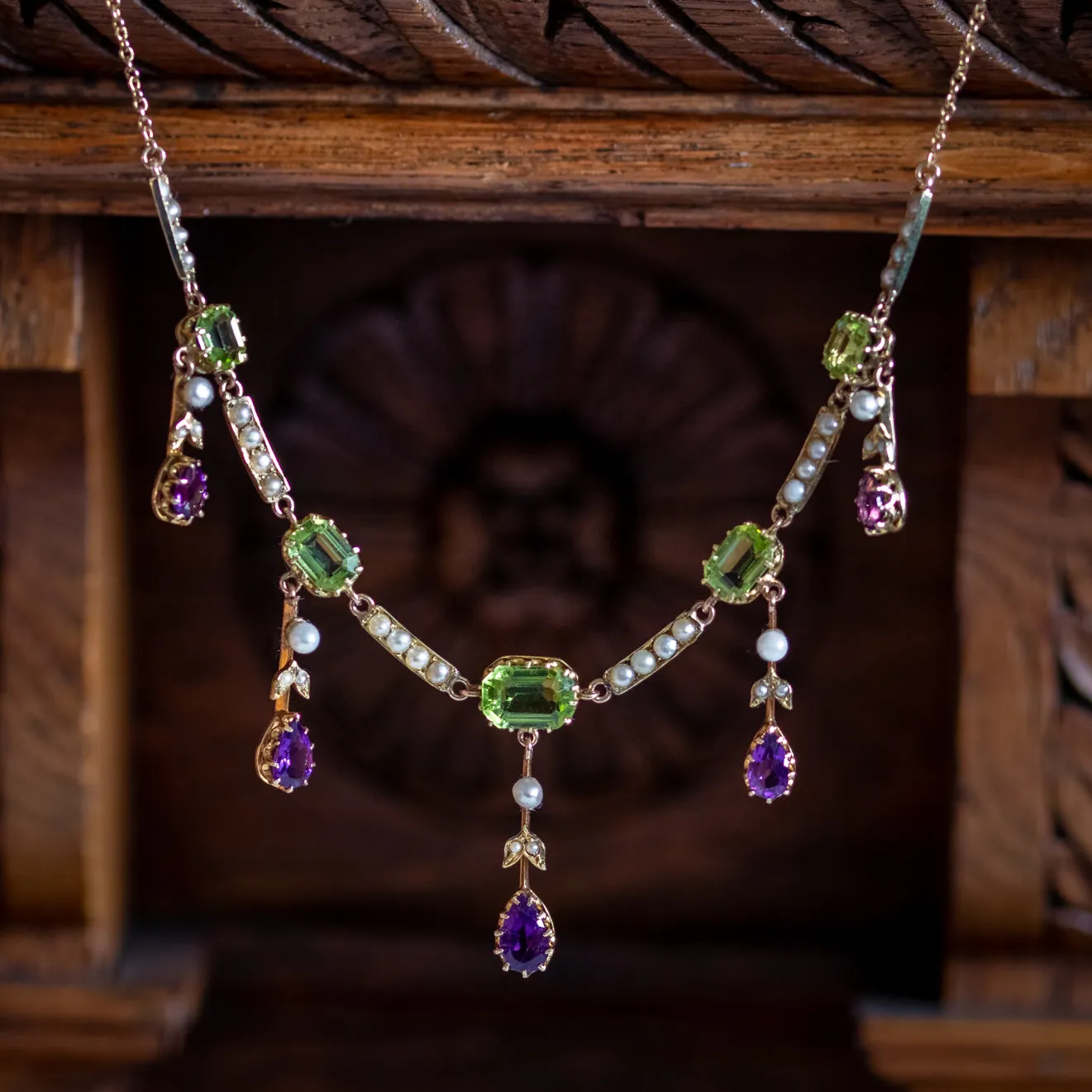 Antique Suffragette Necklace 18Ct Gold Amethyst Peridot Pearl Circa 1910 London And Ryder Boxed