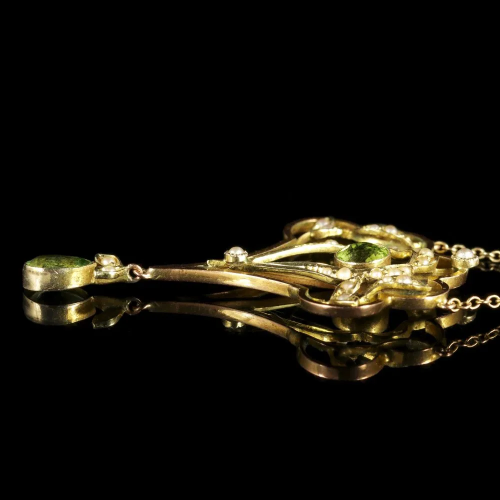 Antique Victorian Peridot Pearl Pendant Necklace Circa 1900