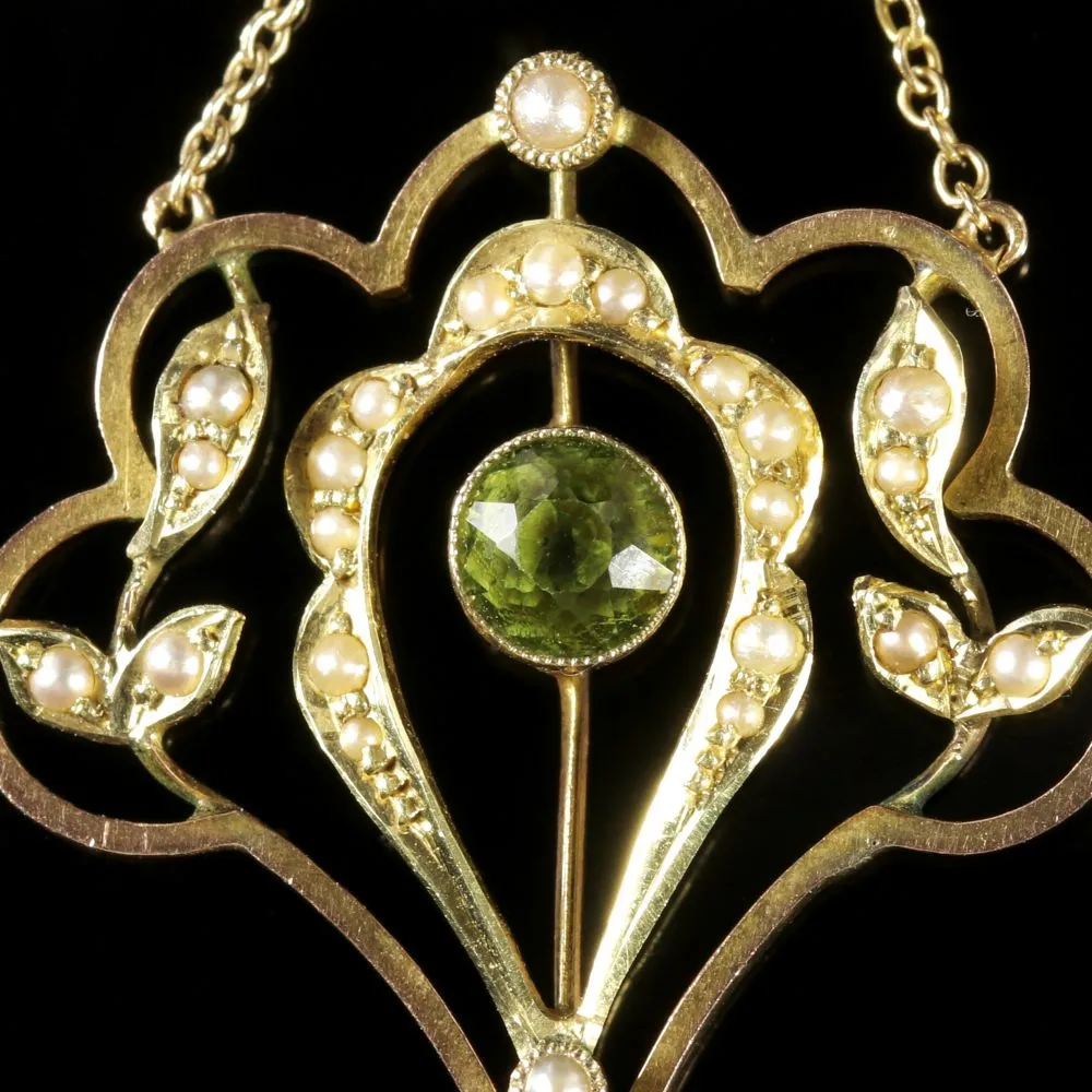 Antique Victorian Peridot Pearl Pendant Necklace Circa 1900