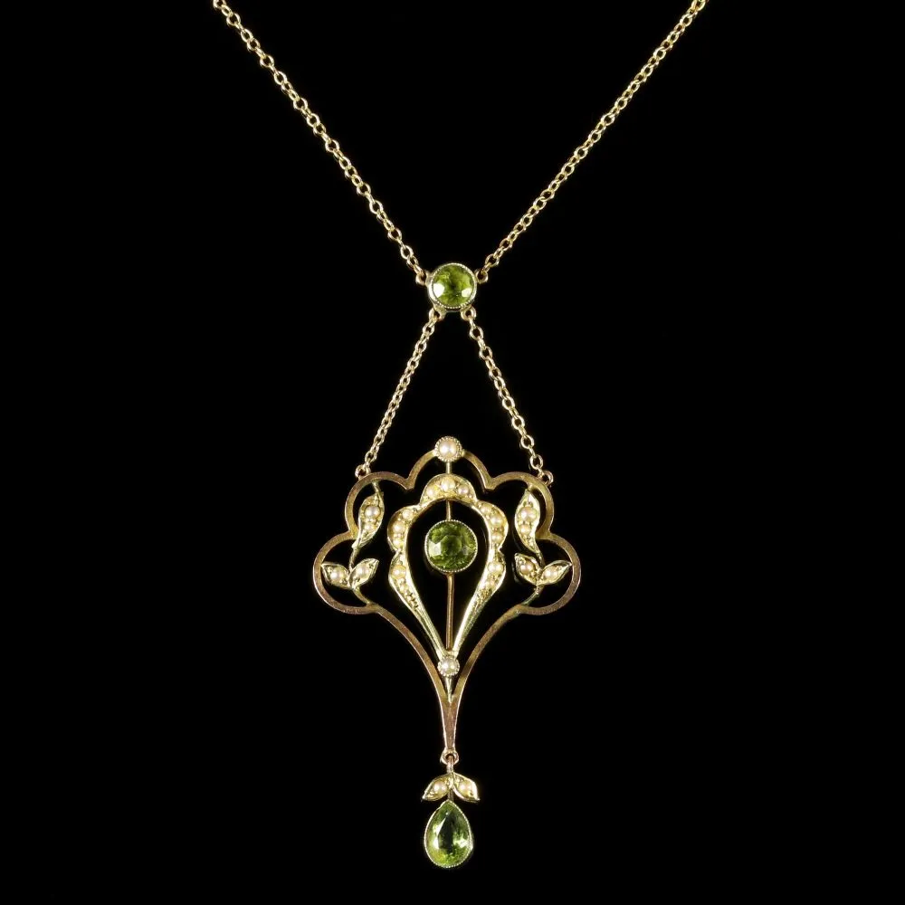 Antique Victorian Peridot Pearl Pendant Necklace Circa 1900