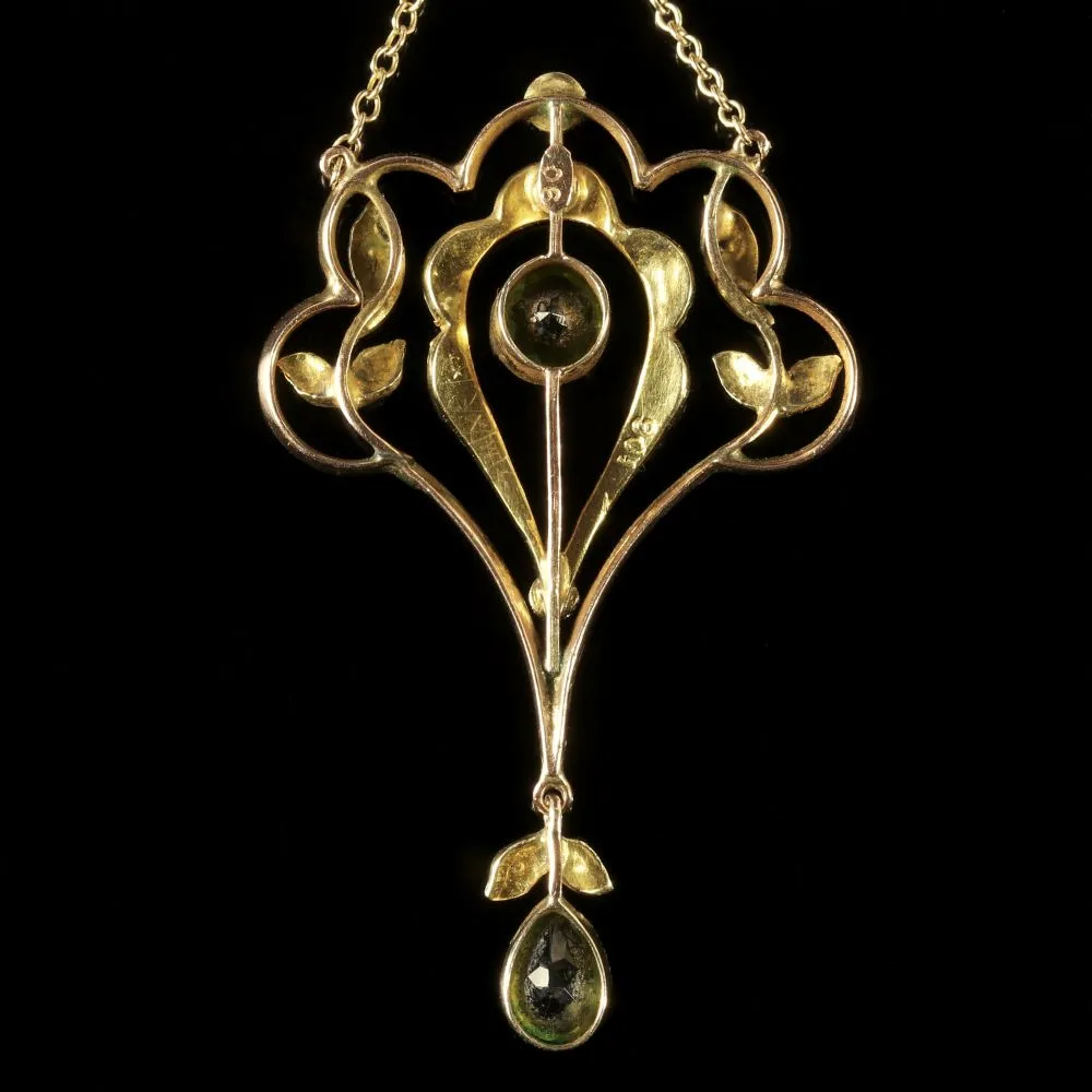 Antique Victorian Peridot Pearl Pendant Necklace Circa 1900