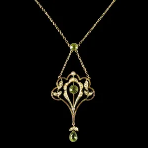 Antique Victorian Peridot Pearl Pendant Necklace Circa 1900