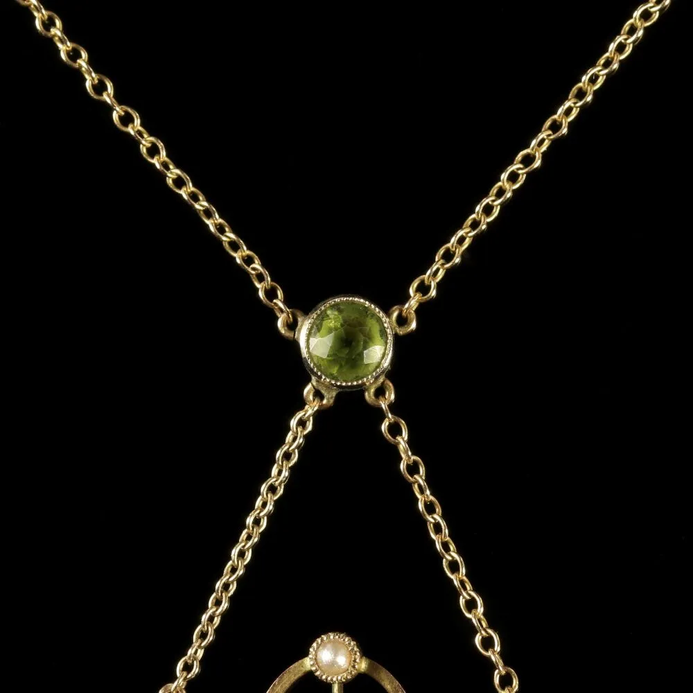 Antique Victorian Peridot Pearl Pendant Necklace Circa 1900