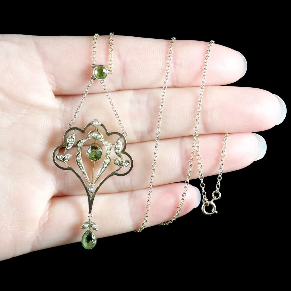 Antique Victorian Peridot Pearl Pendant Necklace Circa 1900