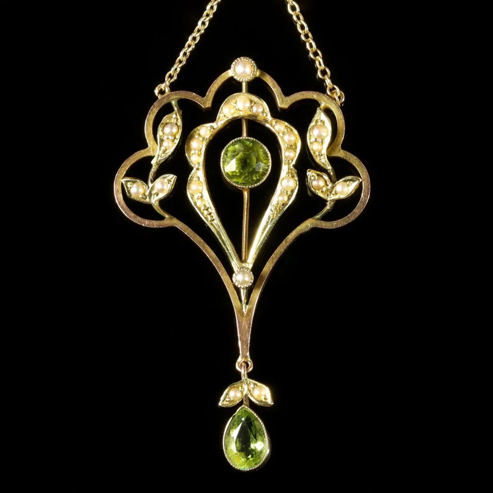 Antique Victorian Peridot Pearl Pendant Necklace Circa 1900