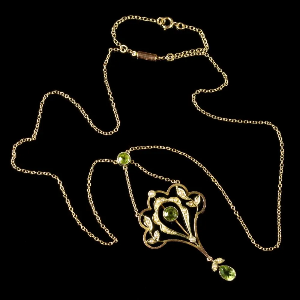 Antique Victorian Peridot Pearl Pendant Necklace Circa 1900