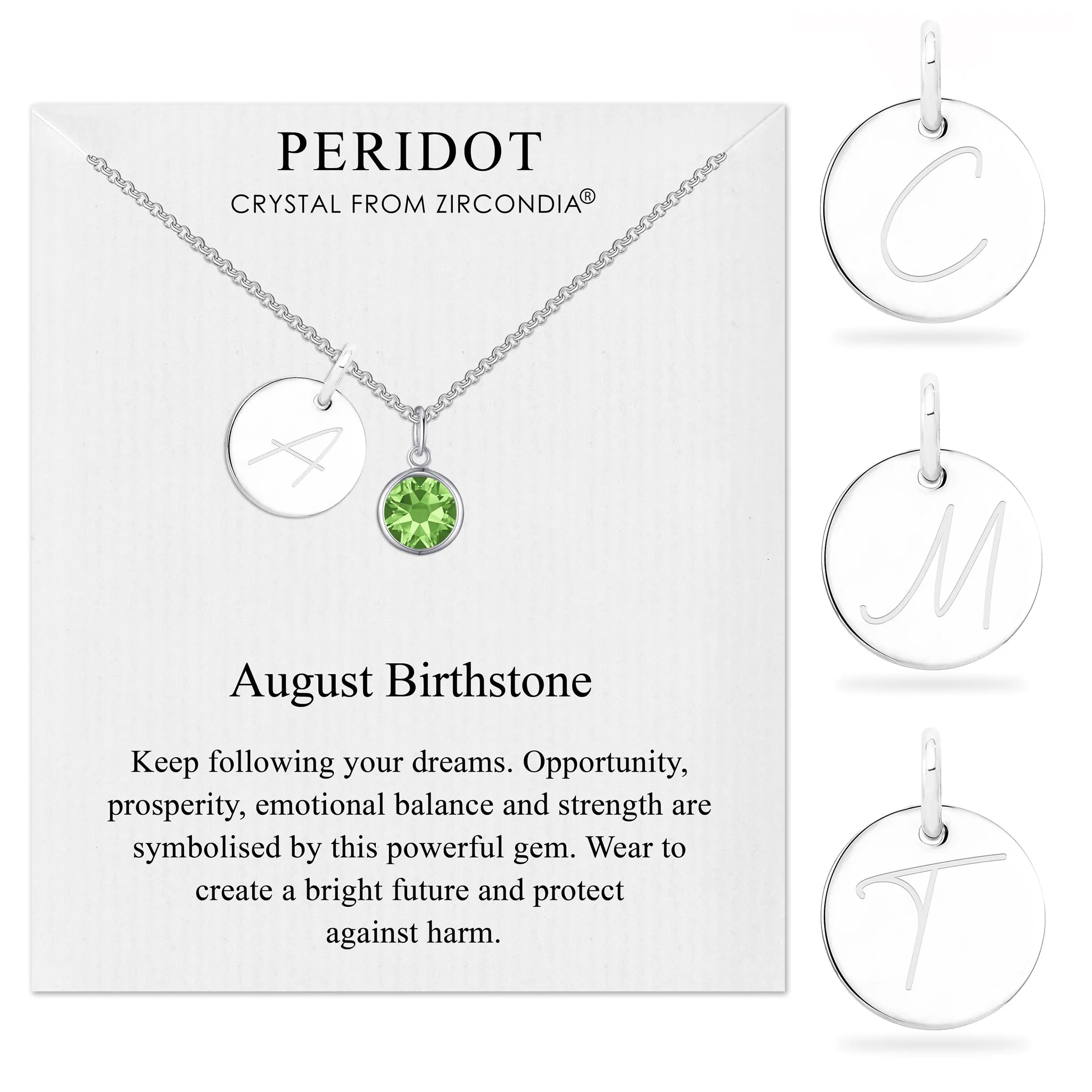 August (Peridot) Birthstone Necklace with Initial Charm (A to Z) Created with Zircondia® Crystals