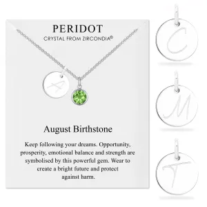 August (Peridot) Birthstone Necklace with Initial Charm (A to Z) Created with Zircondia® Crystals
