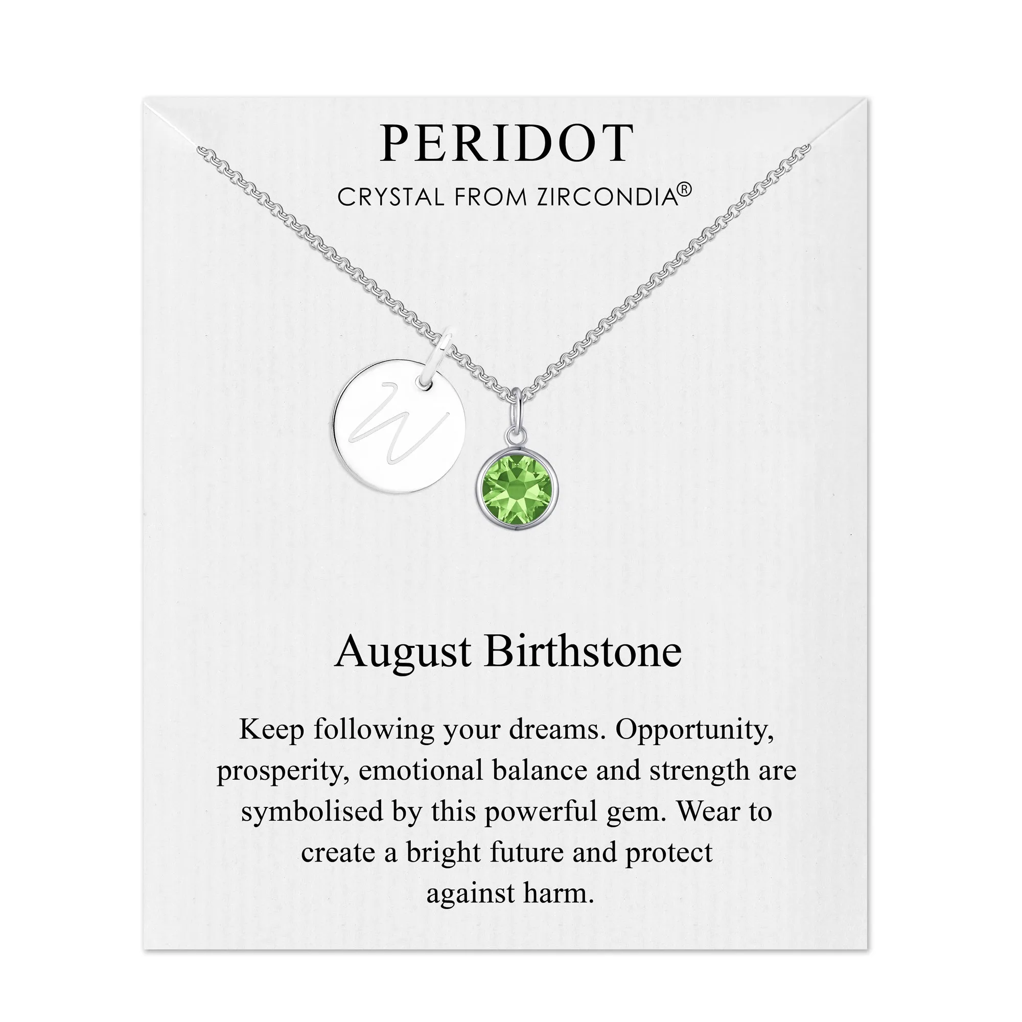 August (Peridot) Birthstone Necklace with Initial Charm (A to Z) Created with Zircondia® Crystals